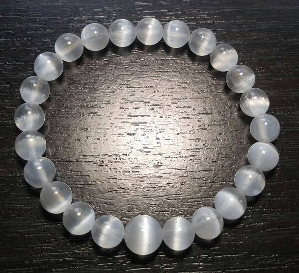 Selenite Stretchy Beaded Bracelet – Wrist Mala Prayer Beads, 8mm