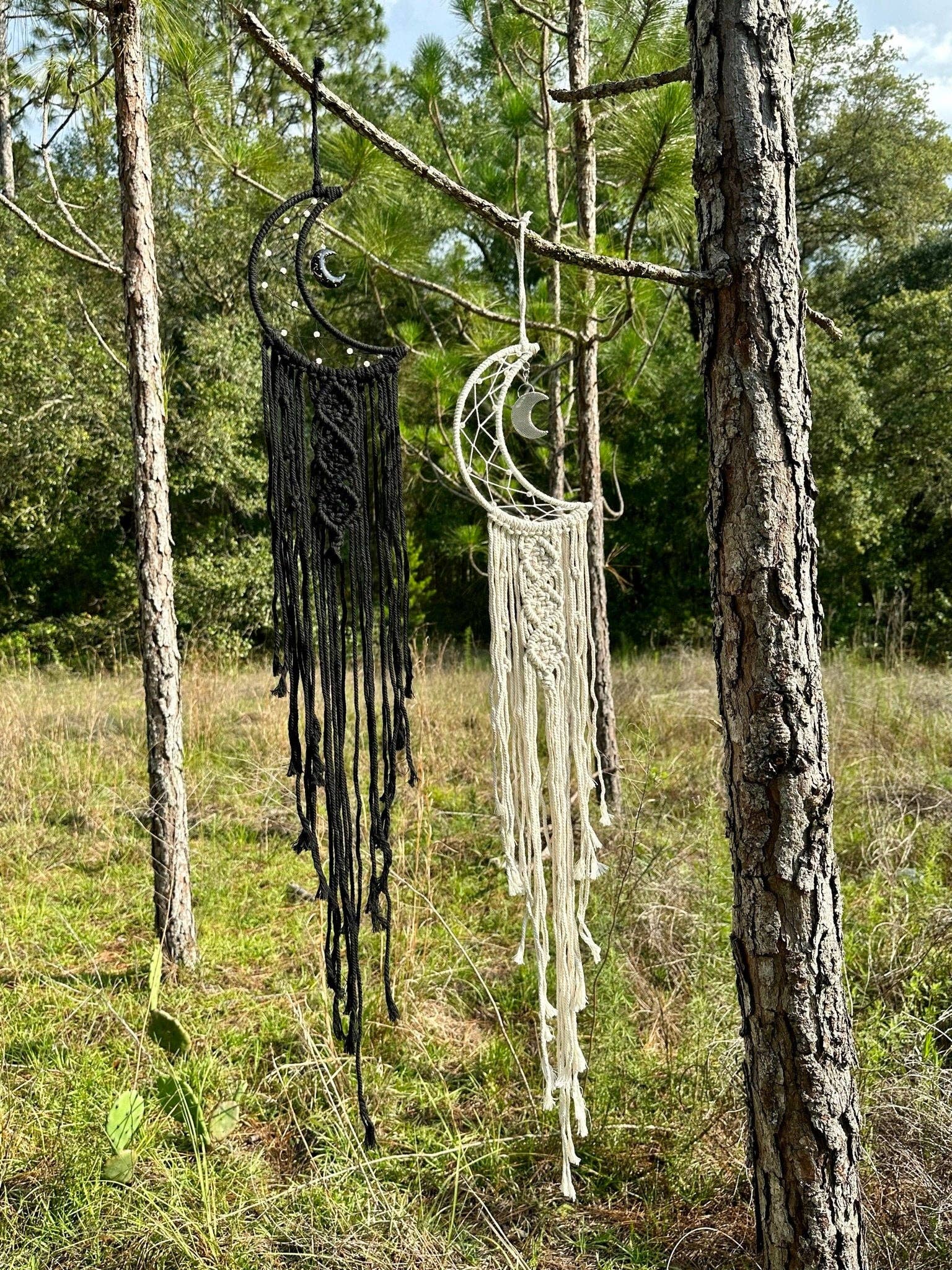 Crescent Moon Macrame Dream Catcher - Boho Wall Hanging with Moon Charm