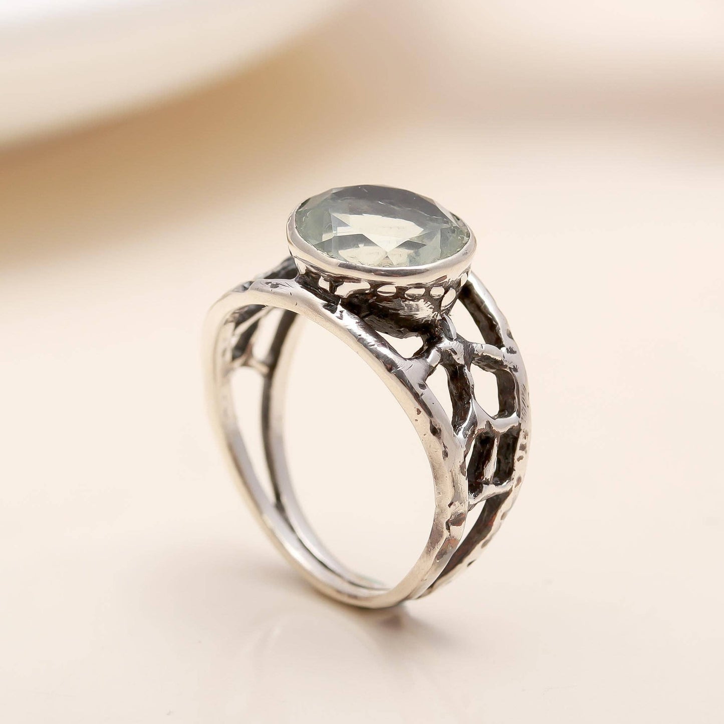 Designer 925 Sterling Silver Green Amethyst Ring Size 7