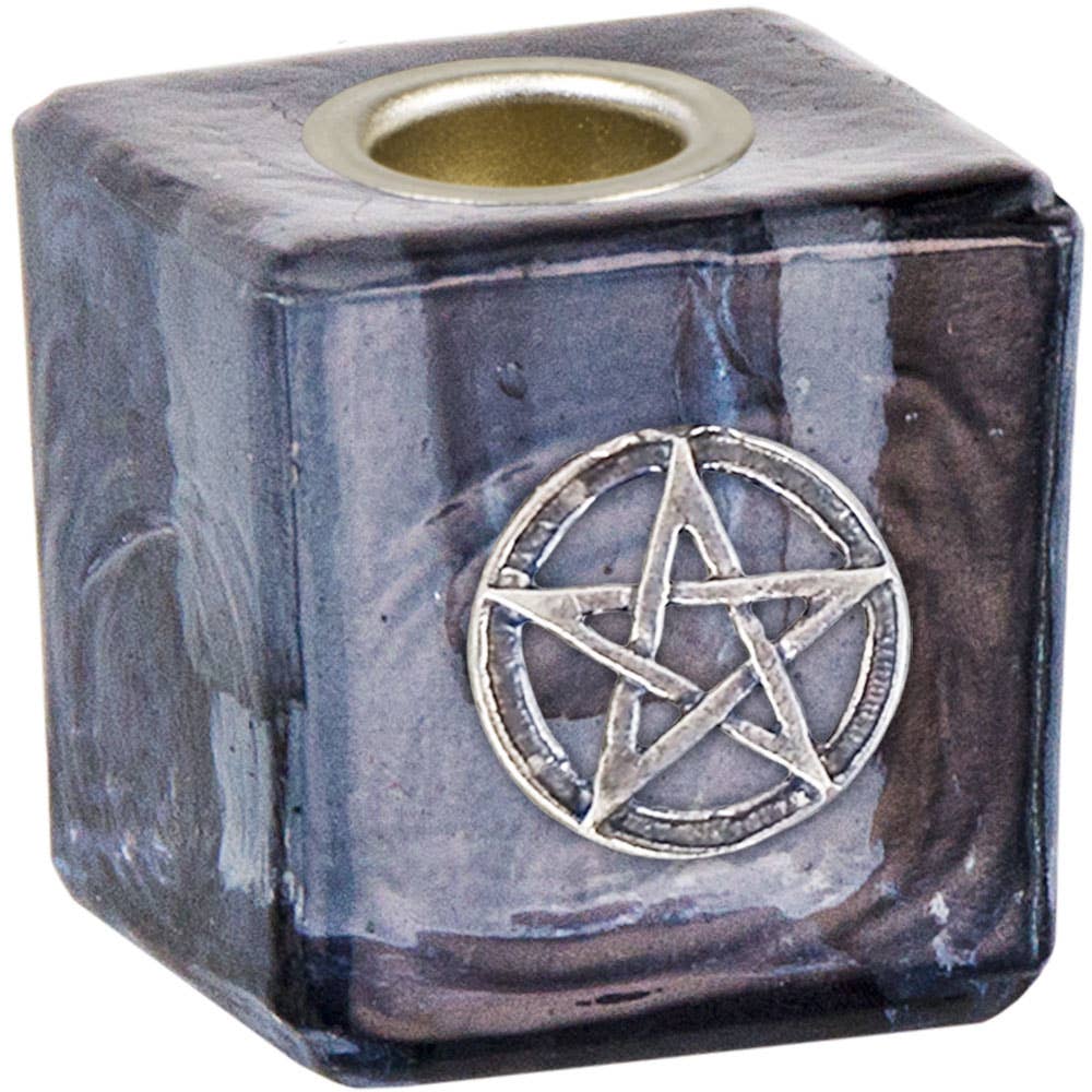 Pentacle Glass Cube Chime Candle Holder — Black