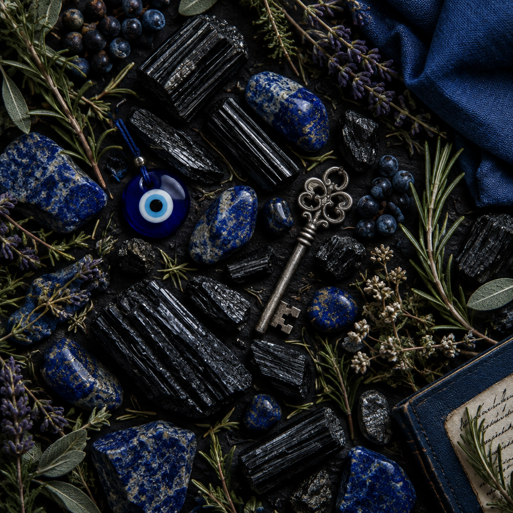 Evil eye ritual props flat lay