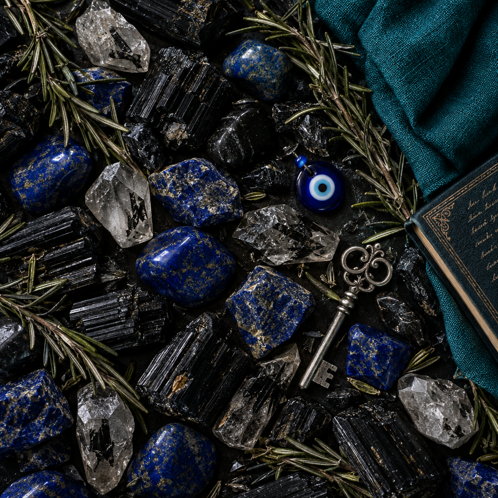 Evil eye ritual props flat lay