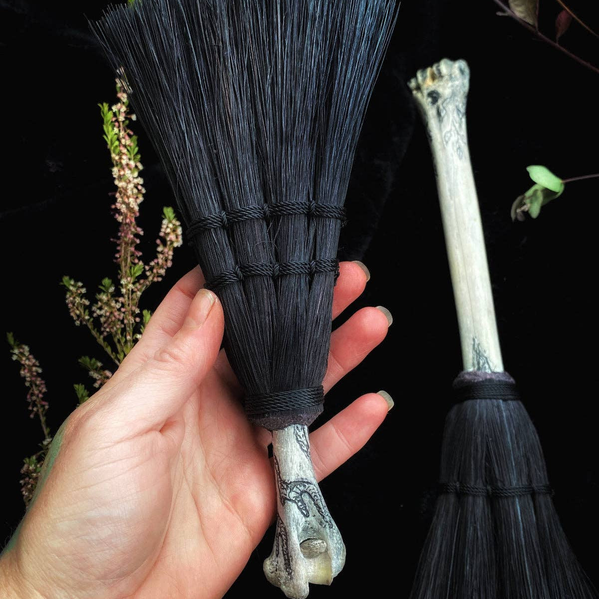 Hag's Altar Broom | Scrimshaw Bone Handle | Coyote, Deer & Possum | Handmade in Portland