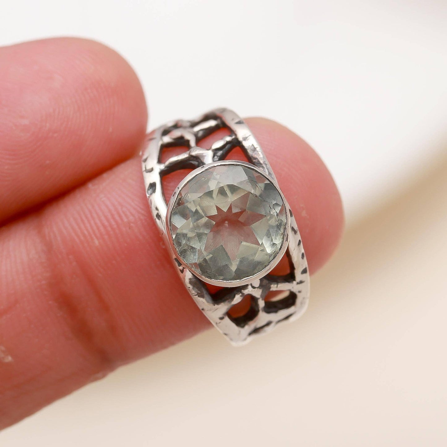 Designer 925 Sterling Silver Green Amethyst Ring Size 7