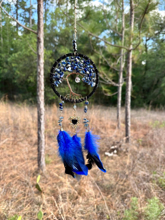 Medium Blue/Black Tree of Life Dreamcatcher with Black Heart Charm - Lapis Lazuli--