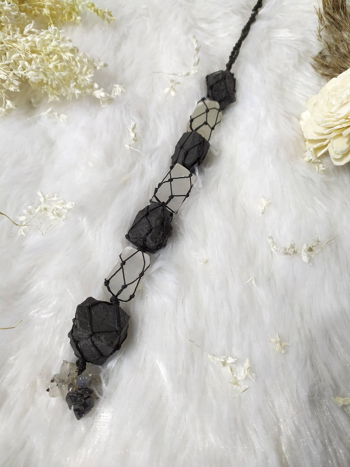 Black Tourmaline & Selenite Car Hanger | Crystal Protection Charm for Safe Travels