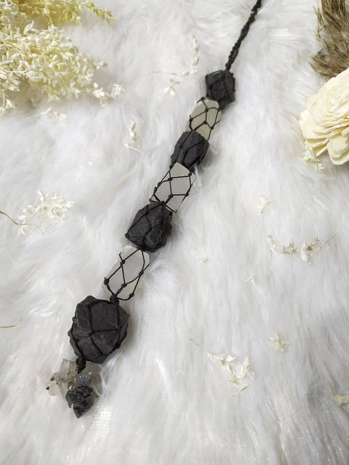 Black Tourmaline & Selenite Car Hanger | Crystal Protection Charm for Safe Travels