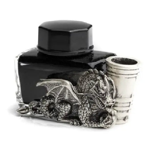 Glass Inkwell with Dragon & PewterPen Holder - Black Ink