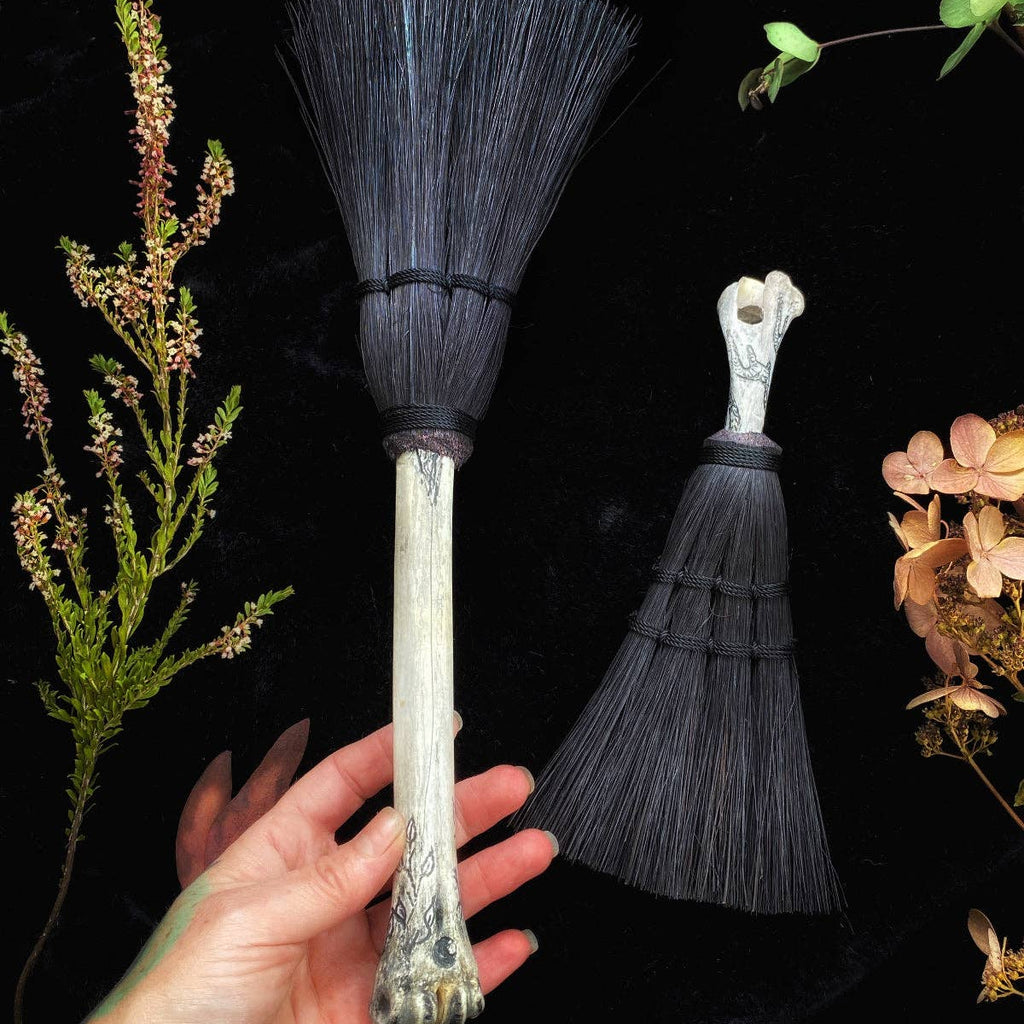 Hag's Altar Broom | Scrimshaw Bone Handle | Coyote, Deer & Possum | Handmade in Portland