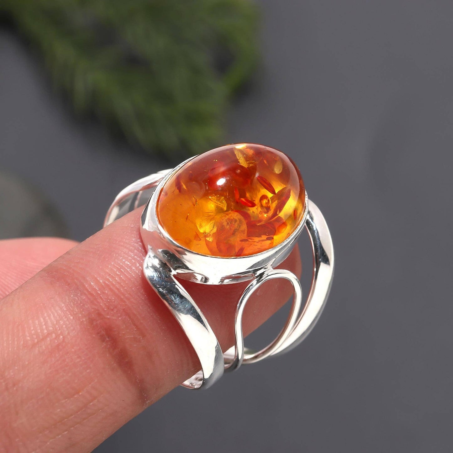 925 Silver Sunset Amber Oval Ring Size 6