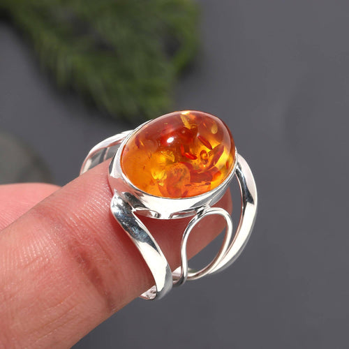 925 Silver Sunset Amber Oval Ring Size 6