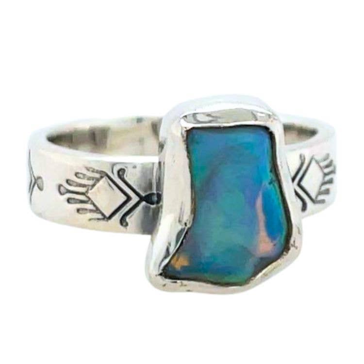 Ethiopian Freeform Opal Ring | Sterling Silver Native Engraved Band | Size 7