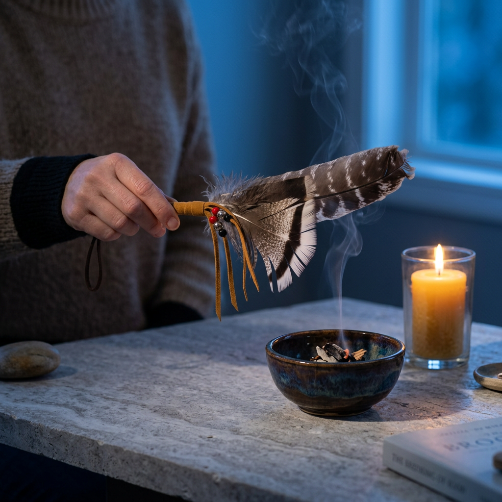 Feather fan in use