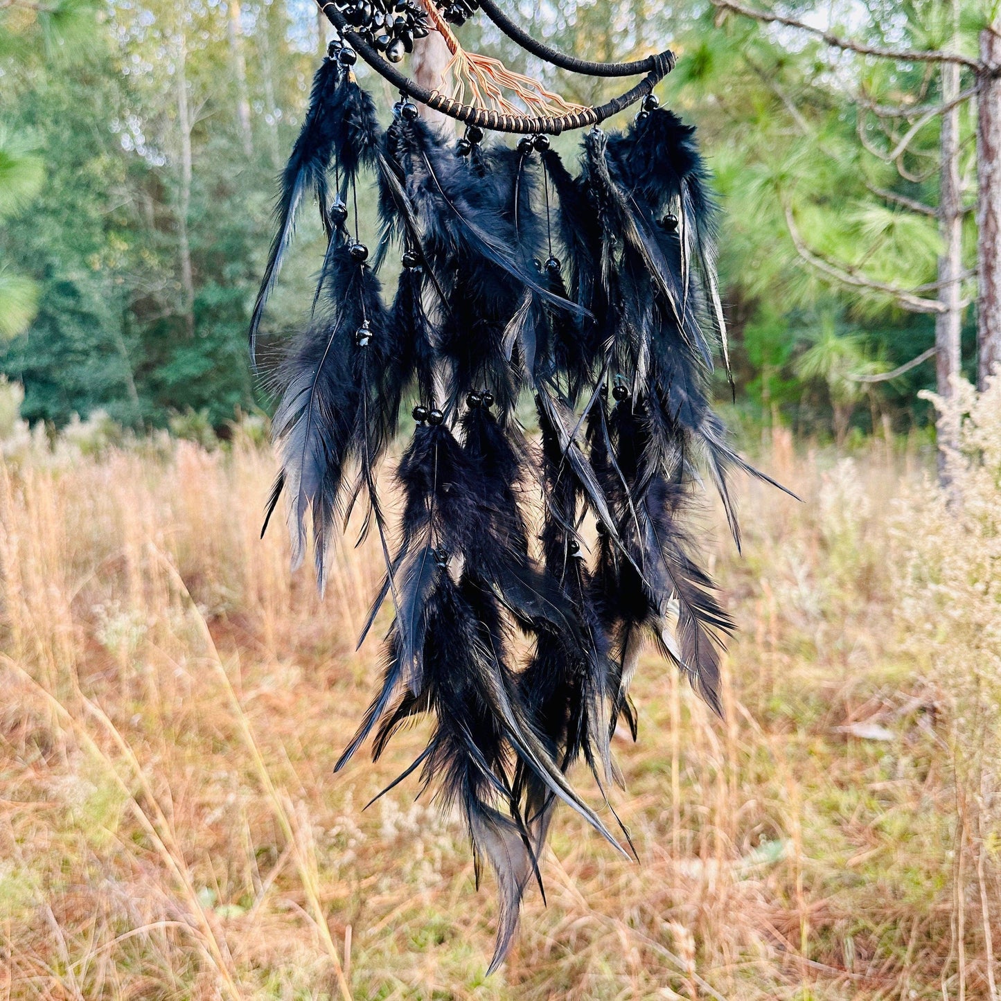 Medium Wall Hanging Crescent Moon Dream Catcher with Black Obsidian Stones & Hanging Stone Charm with Feathers