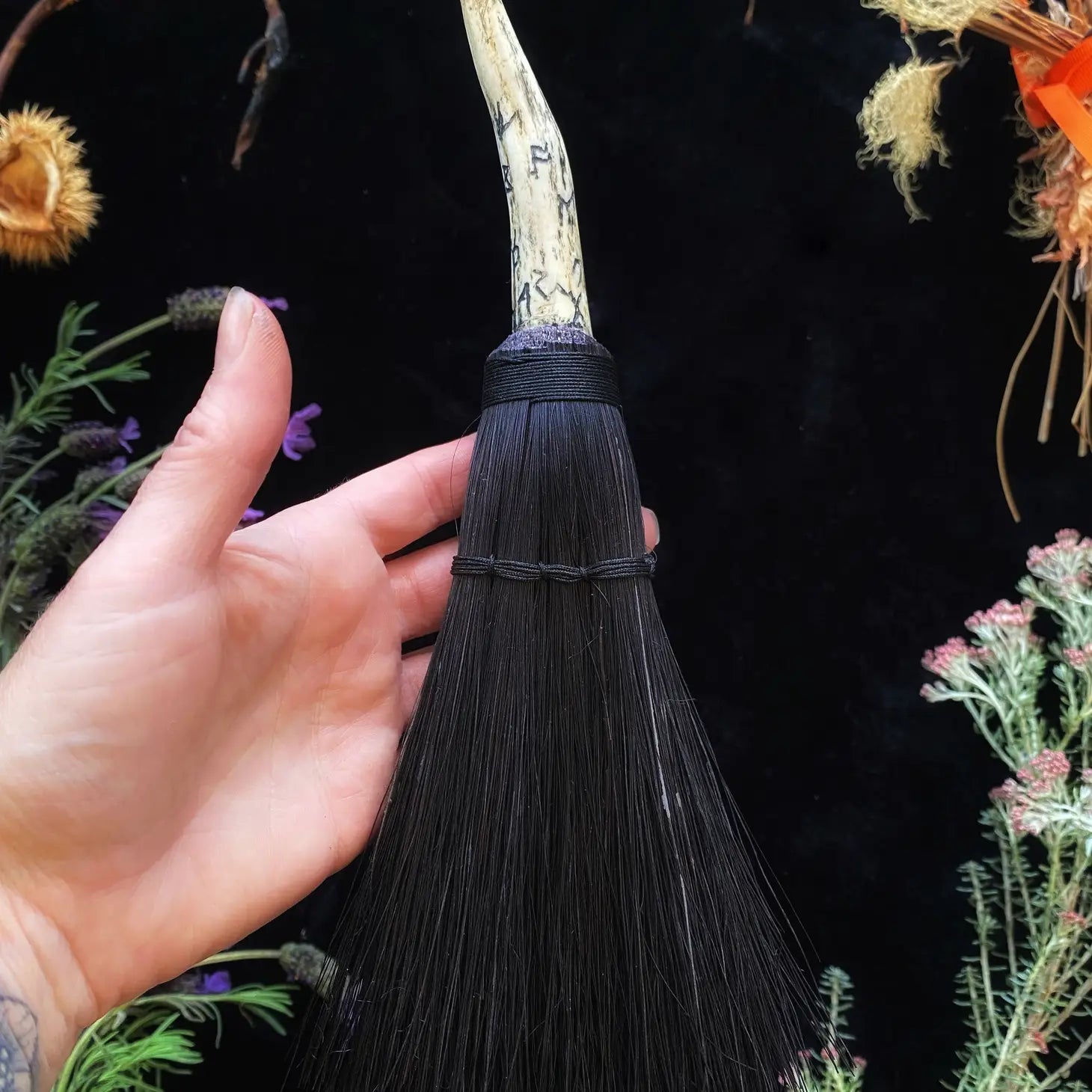 Hag's Altar Broom - Scrimshaw Runic w/ Antler Handle