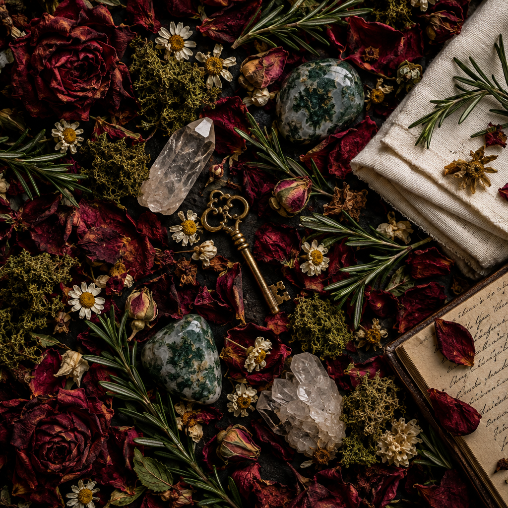 Floral ritual props flat lay