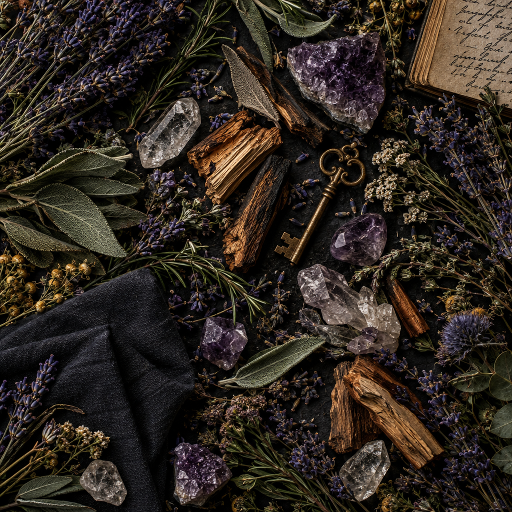 Fragrance ritual props flat lay