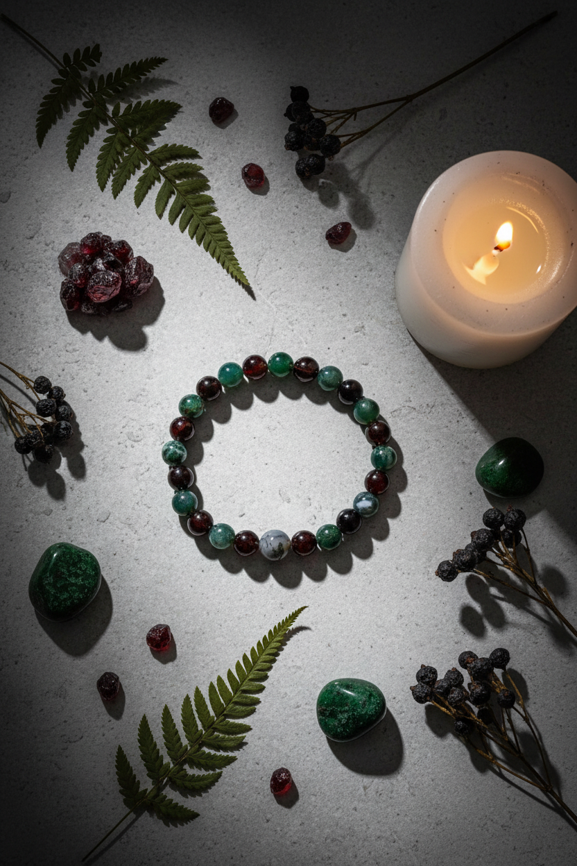 Garnet Moss Agate Bracelet Flat Lay