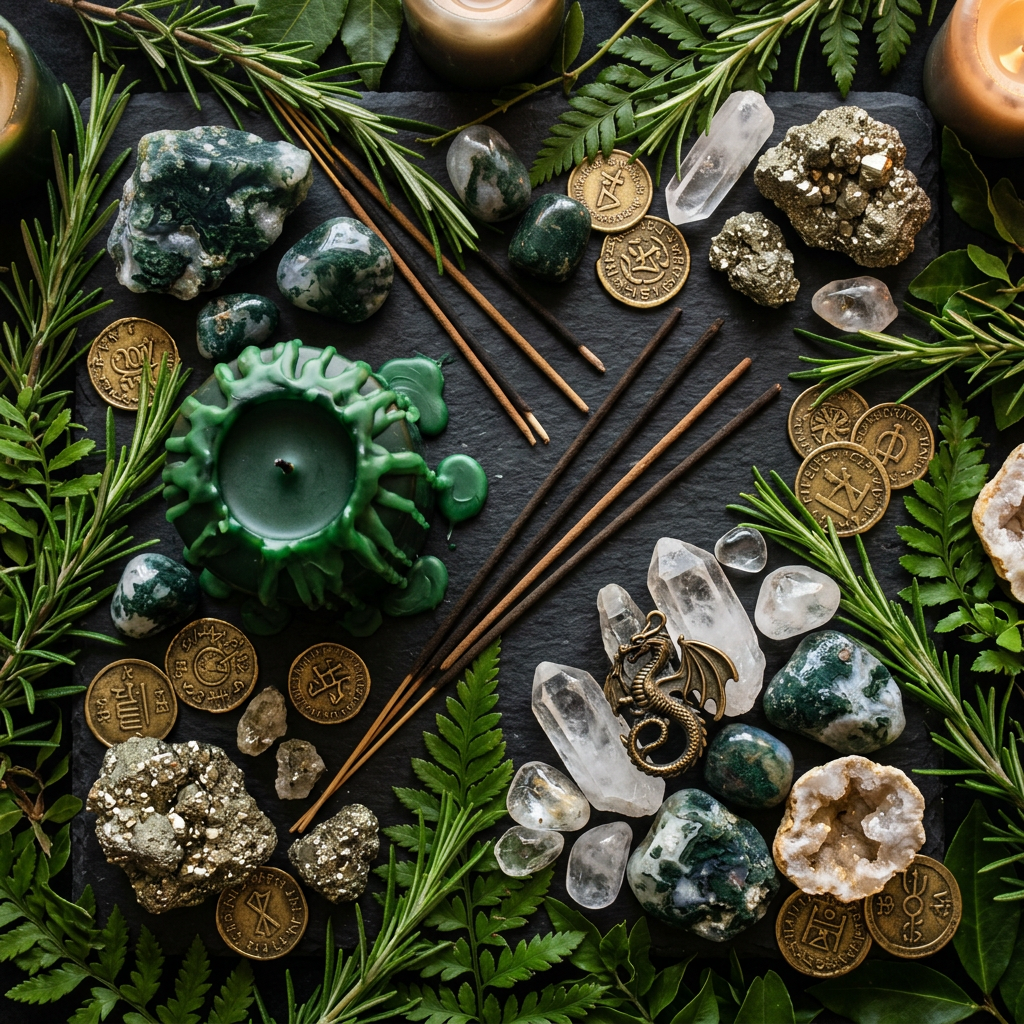 Green dragon ritual props-only flat lay