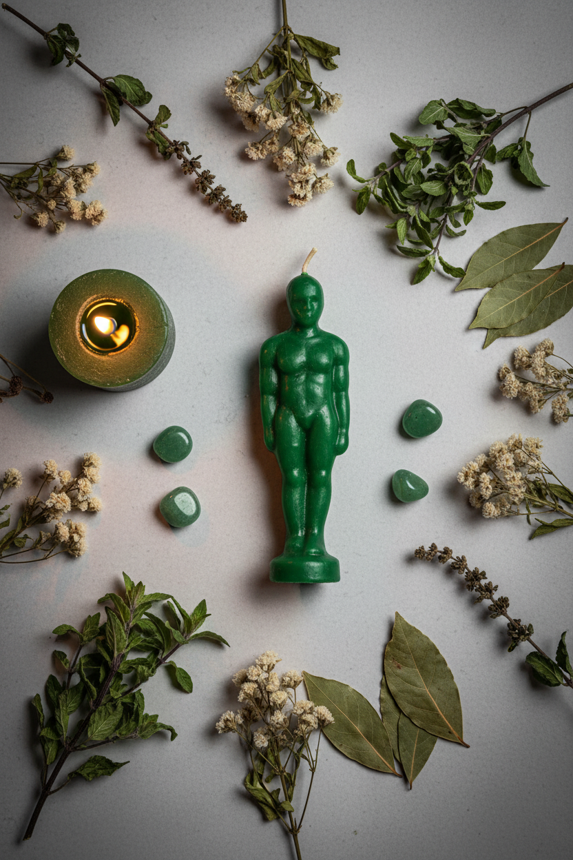 Green Male Figure Candle Flat Lay