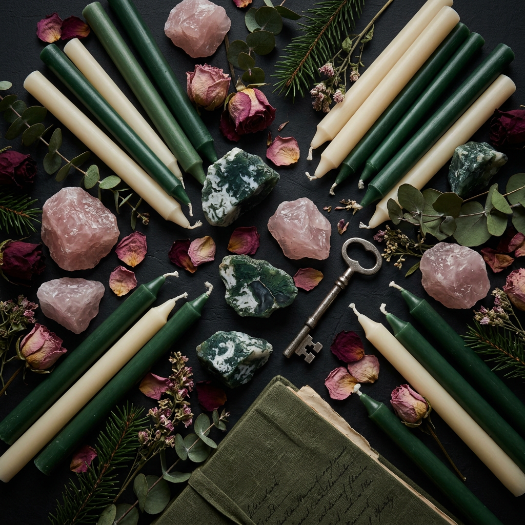 Green ritual props-only flat lay