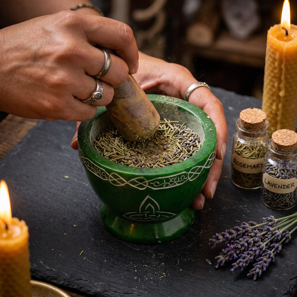 Green triquetra mortar and pestle ritual lifestyle