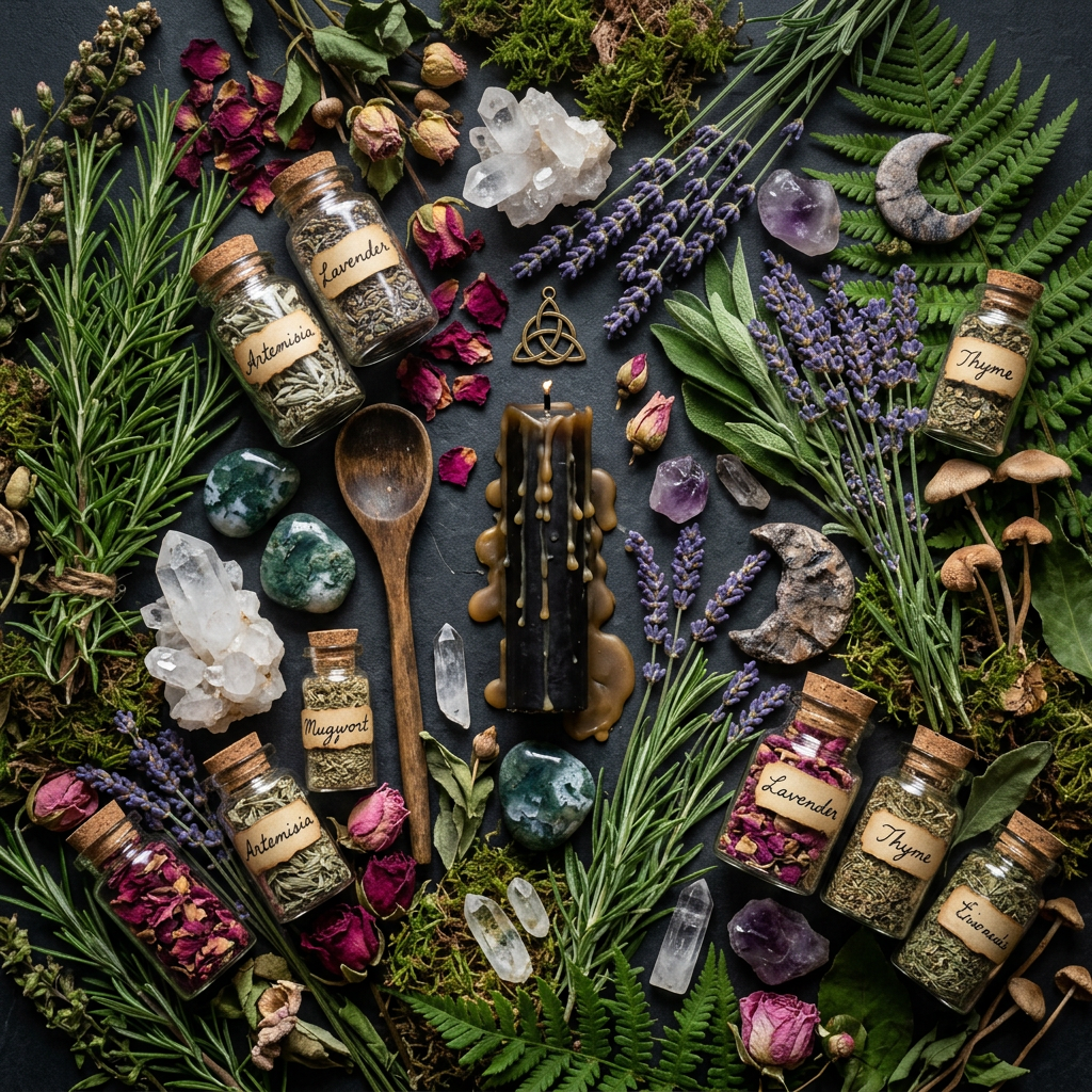 Green witch ritual props-only flat lay