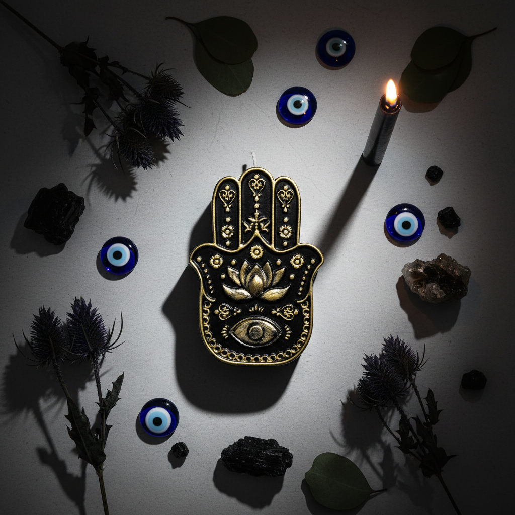 Hamsa Candle Flat Lay