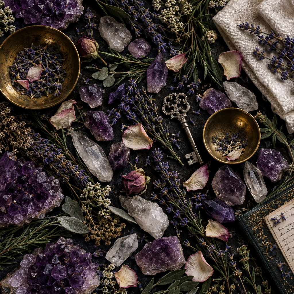 Hamsa ritual props flat lay