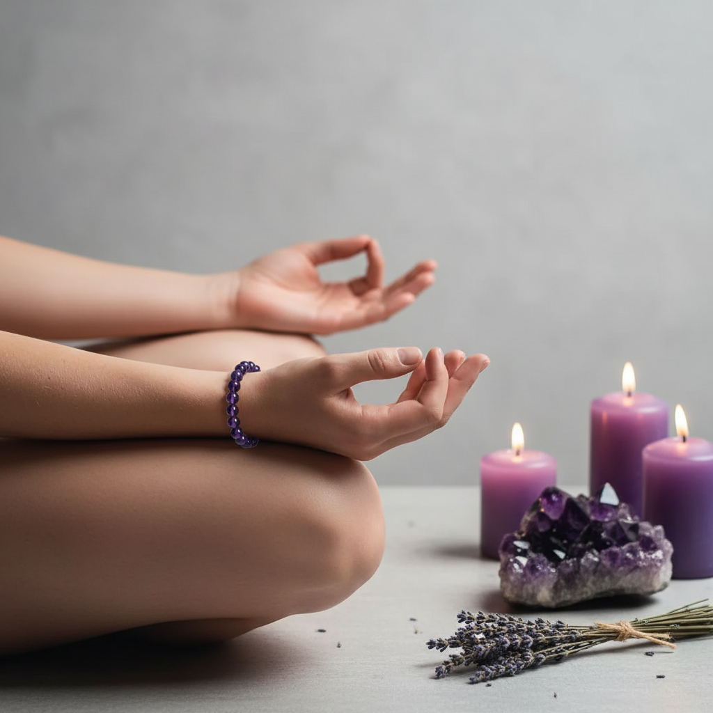 Hands in meditation pose wearing deep purple amethyst beaded bracelet with crystals and lavender