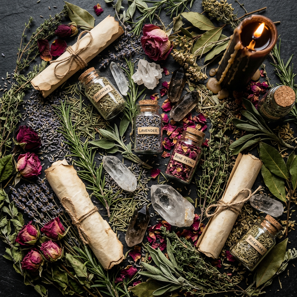 Herbal ritual props-only flat lay