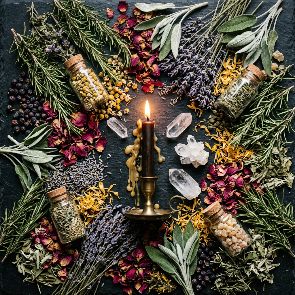 Herbal ritual props-only flat lay