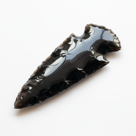 Polished black obsidian arrowhead crystal, 2 inches long, with glossy reflective surface