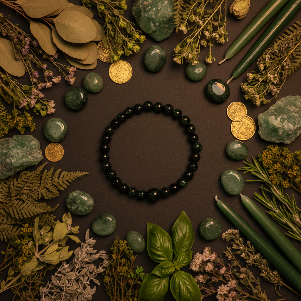 Green Goldstone bracelet flat lay with aventurine chunks, eucalyptus, gold coins and candles on dark charcoal background