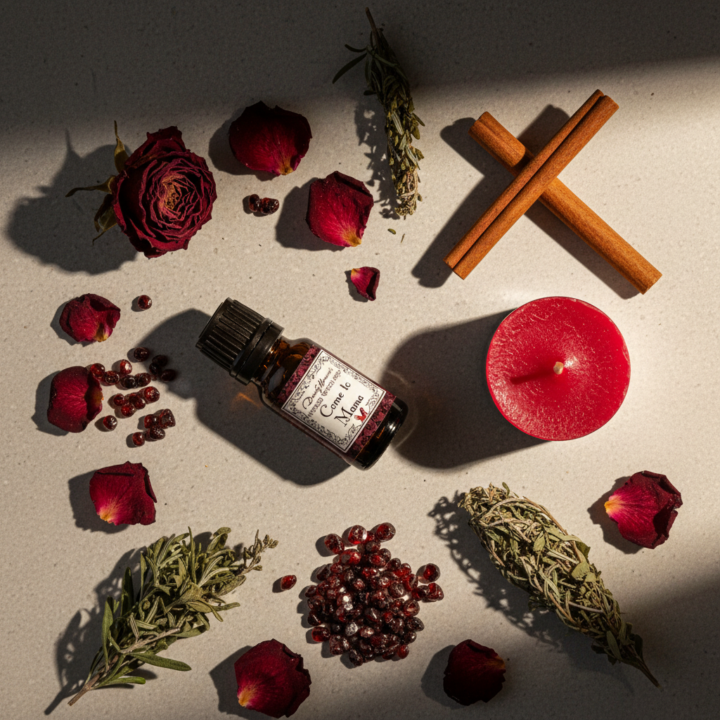 Flat lay of Come to Mama oil bottle with red roses, garnet chips and dried herbs