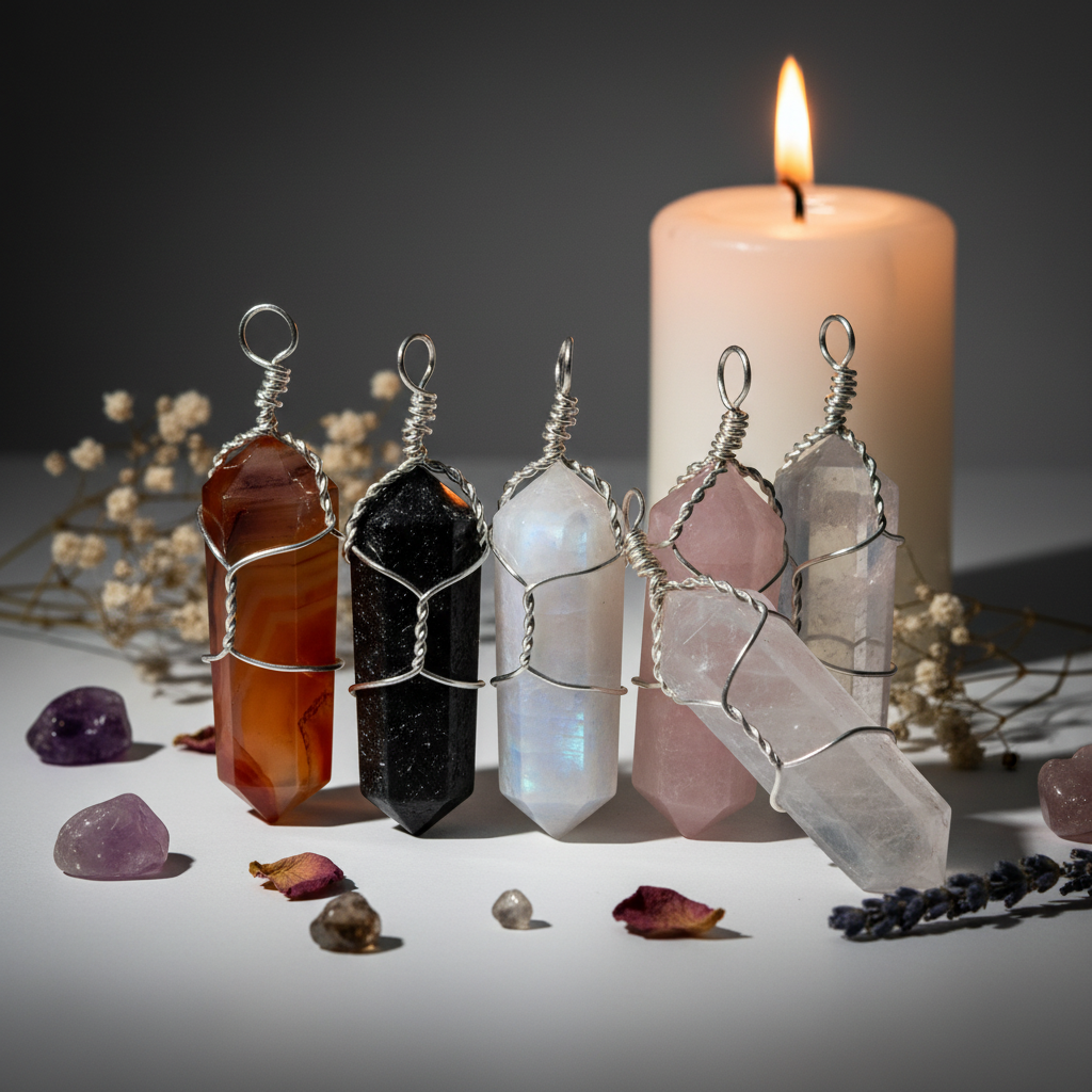 Wire wrapped crystal point pendants assorted stones hero shot