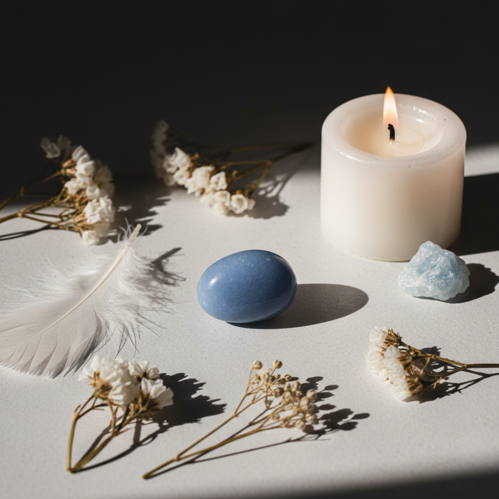 Single angelite tumbled stone with white feather, white flowers, celestite and candle in warm candlelight