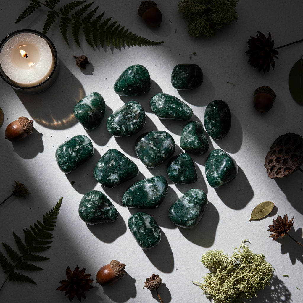 Flat lay of moss agate tumbled stones with fern fronds, dried botanicals, acorns and candle on light grey background