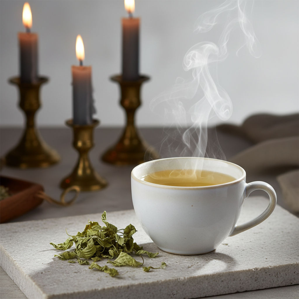 Raspberry leaf herbal tea steaming cup lifestyle shot