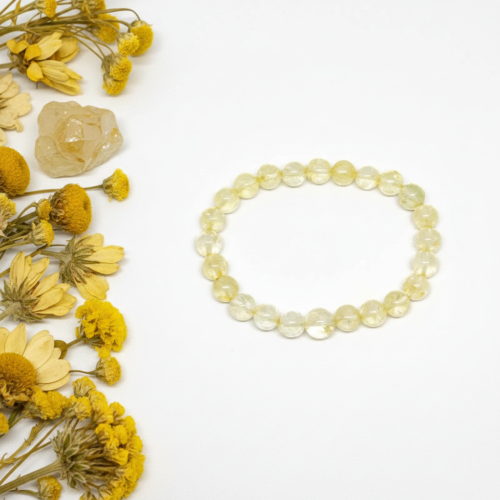 Citrine bracelet flat in circle with pale lemon-yellow translucent round beads and raw citrine cluster props on light grey background