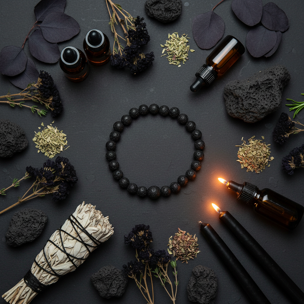 Lava stone beaded bracelet flat lay with raw lava rock, essential oil bottles, sage and candles on dark charcoal background