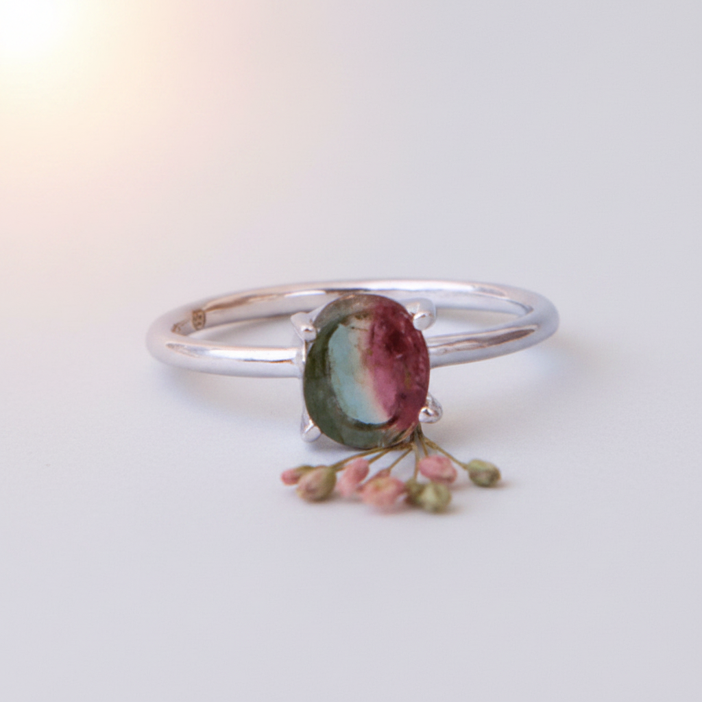 Watermelon tourmaline sterling silver ring dominant in frame with vivid pink-to-green bi-color stone and minimal pink and green botanicals