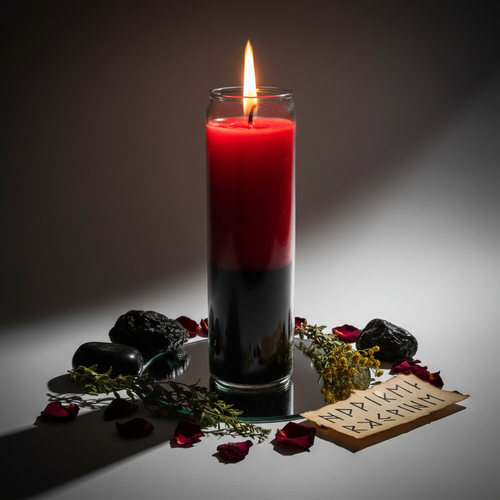 7 day reversal candle burning with mirror, obsidian crystals, protective herbs and petition paper in warm candlelight