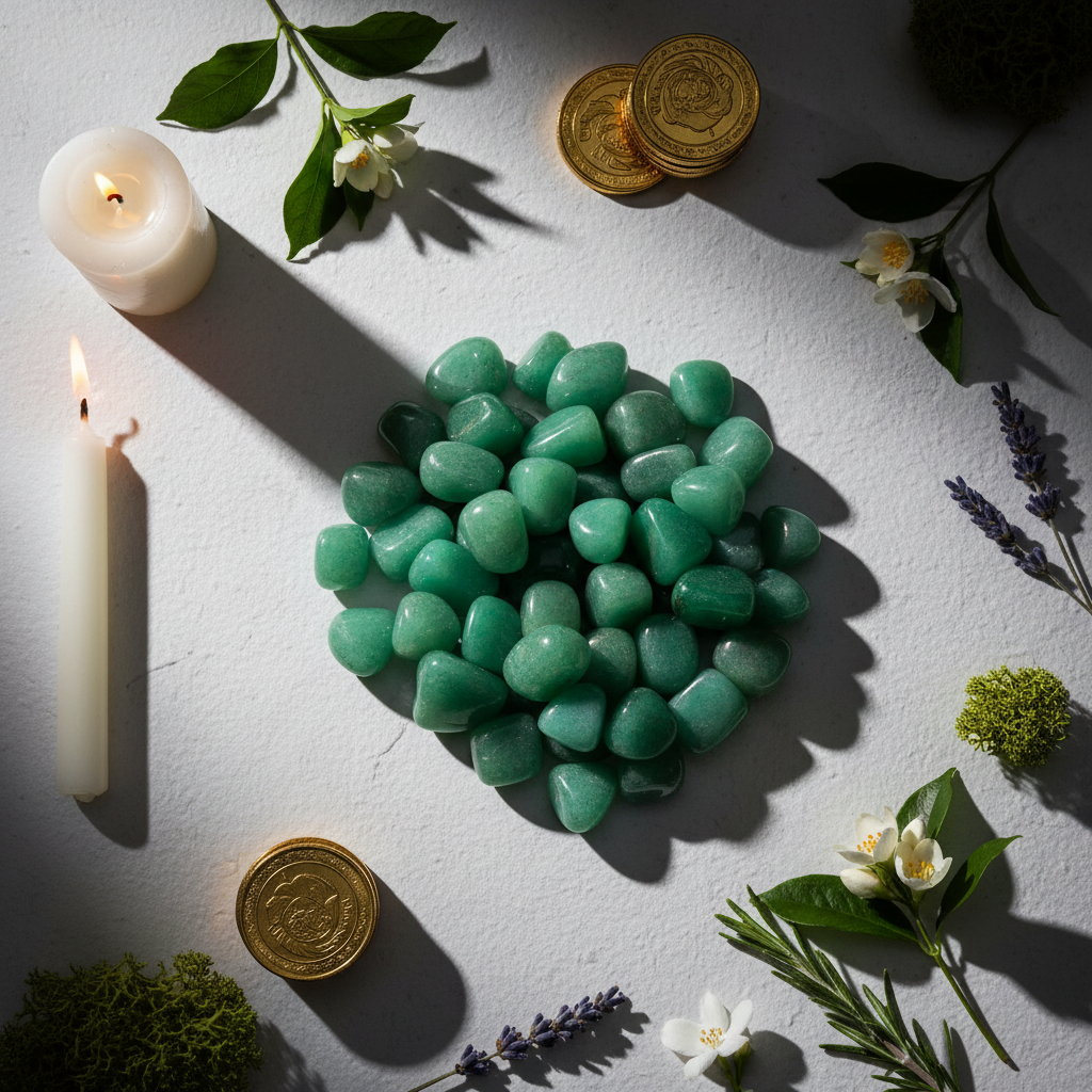 Flat lay of green aventurine tumbled stones with gold coins, white flowers and candle props