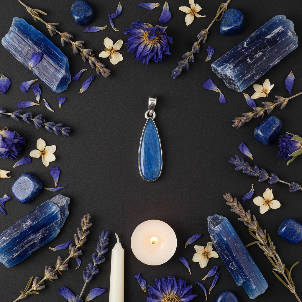 Blue Kyanite pendant flat lay with raw kyanite blades, lapis stones and candles on dark charcoal background