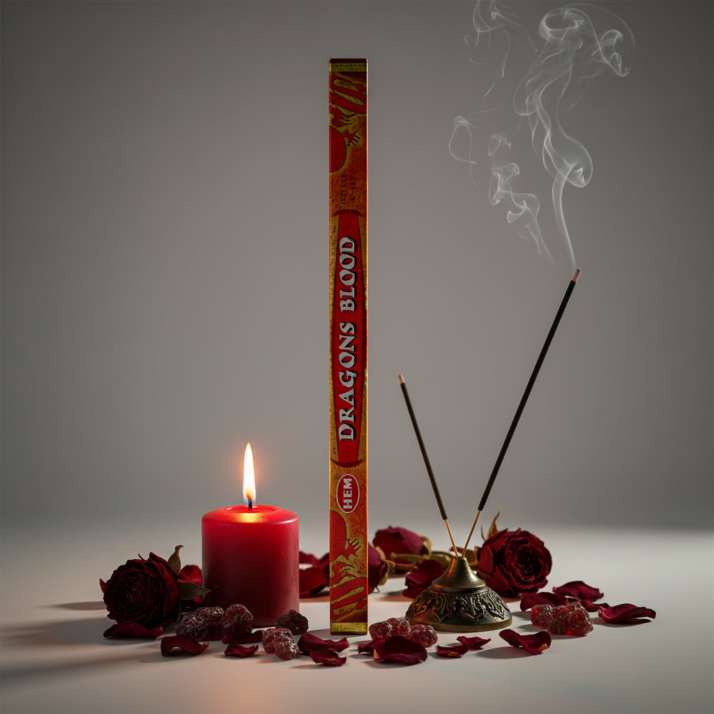 Hem Dragon's Blood incense tube box standing upright with red rose petals and candle props