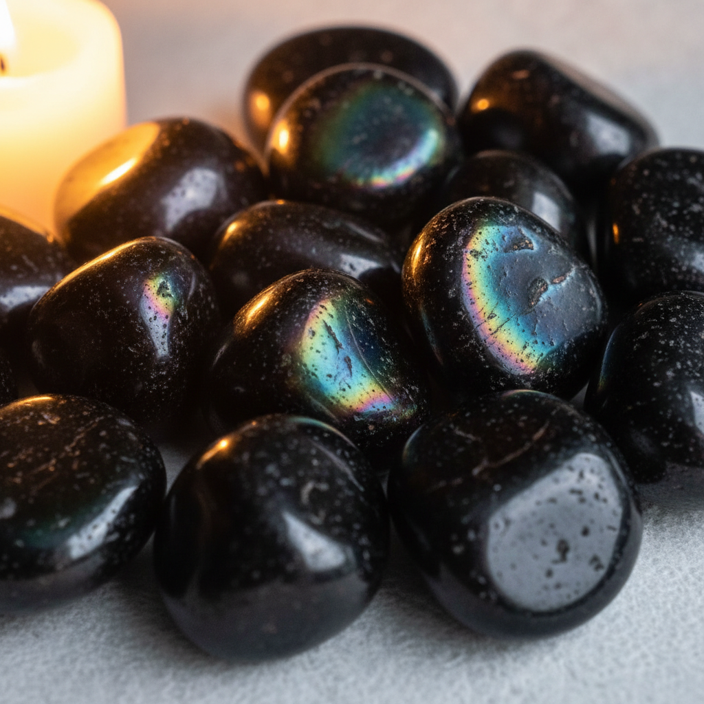 Rainbow obsidian tumbled stones cluster hero shot with iridescent rainbow sheen