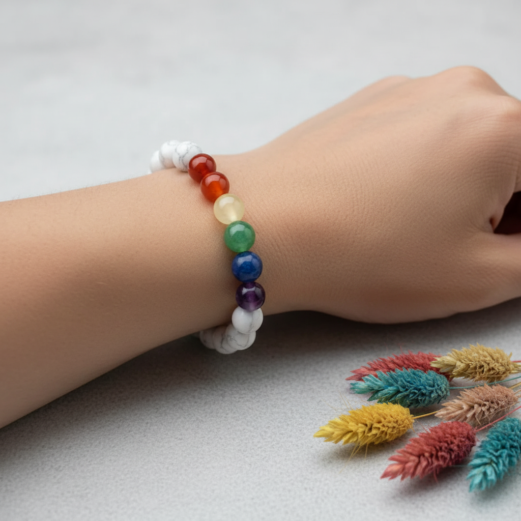 Howlite chakra bracelet worn on wrist showing white howlite beads and 7 colorful chakra gemstone beads