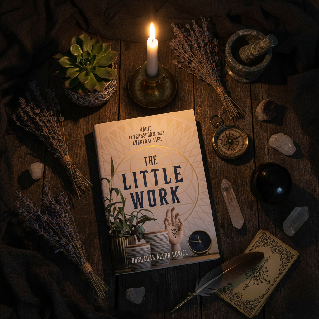The Little Work by Durgadas Allon Duriel - dark luxe flat lay top-down with botanicals and magical props