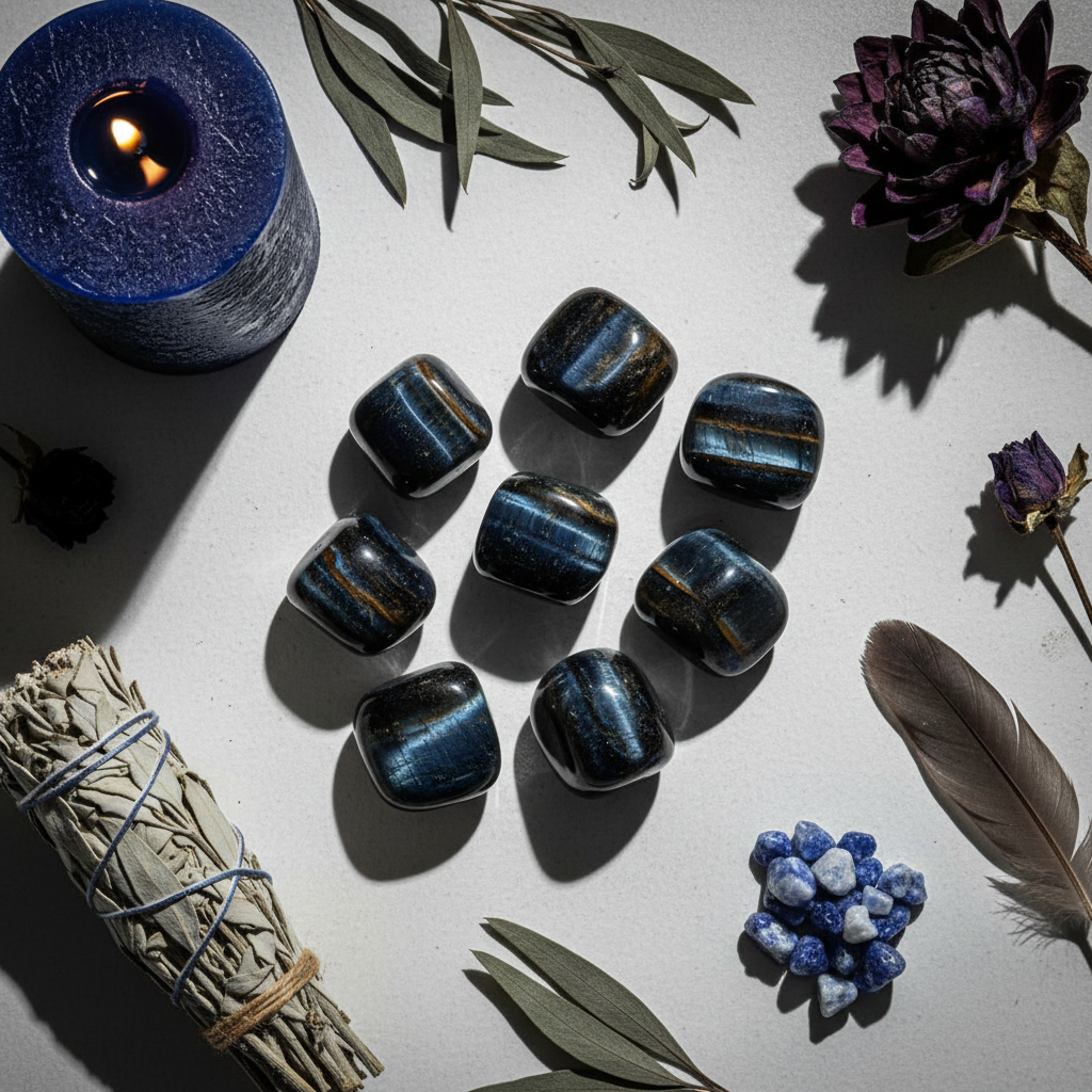 Flat lay of blue tiger eye tumbled stones with blue sage, feather and navy candle props